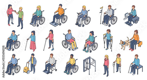 Isometric Illustration of People with Disabilities Using Assistive Devices