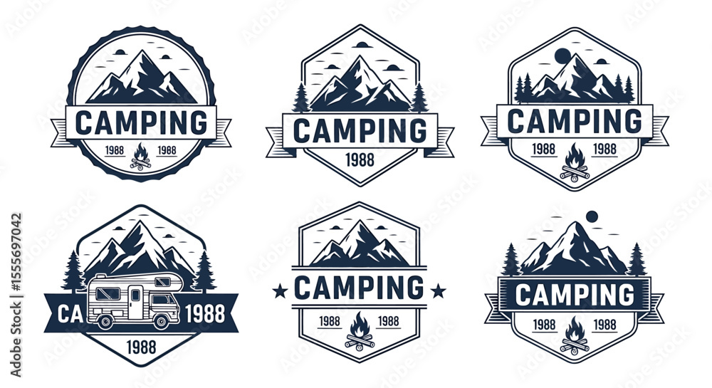 Obraz premium Camping Adventure Logos Collection with Mountains, Campfire, and RV Illustration