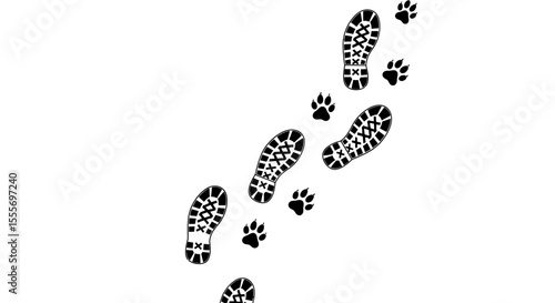Black Footprints and Paw Prints on White Background, Trail Concept