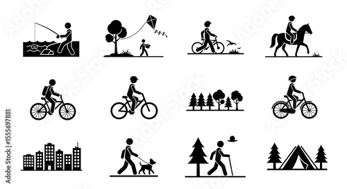 Collection of Black Pictograms Depicting Various Leisure Activities: Cycling, Hiking, Fishing, Horseback Riding, and Camping