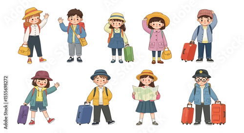 Cute Cartoon Children Traveling with Luggage and Accessories