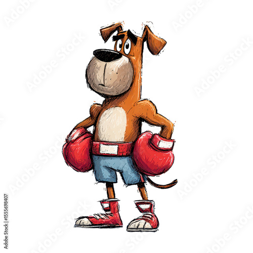 A Cartoon Dog Character Wearing Boxing Gloves in a Dynamic Pose, Ready for Action with an Energetic Expression Emphasizing Strength and Playfulness