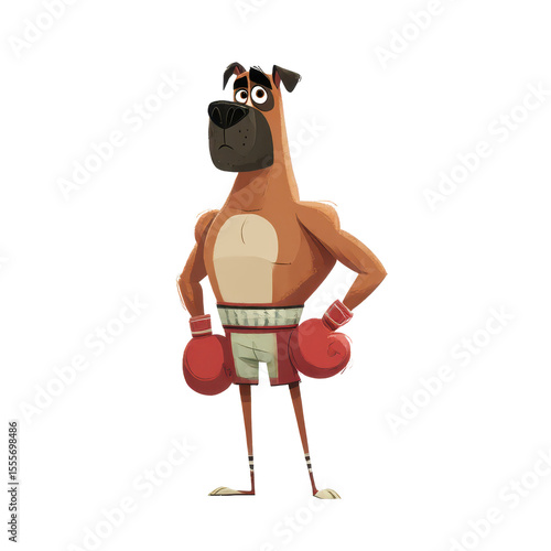 A Confident Cartoon Boxer Dog Standing Proudly with Boxing Gloves, Showcasing Strength and Determination in a Playful Illustration Style