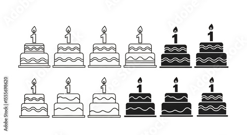 First Birthday Cake Icons TwoTiered with Number One Candle Line Art and Silhouette.