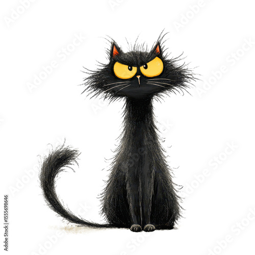 A Charming and Prickly Black Cat with Unique Features: Quirky Expression and Fluffy Texture Perfect for Animal Lovers and Cat Enthusiasts