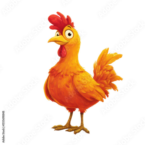 A Vibrant Cartoon Chicken with a Playful Expression and Bright Orange Feathers, Standing Confidently Against a Simple White Background