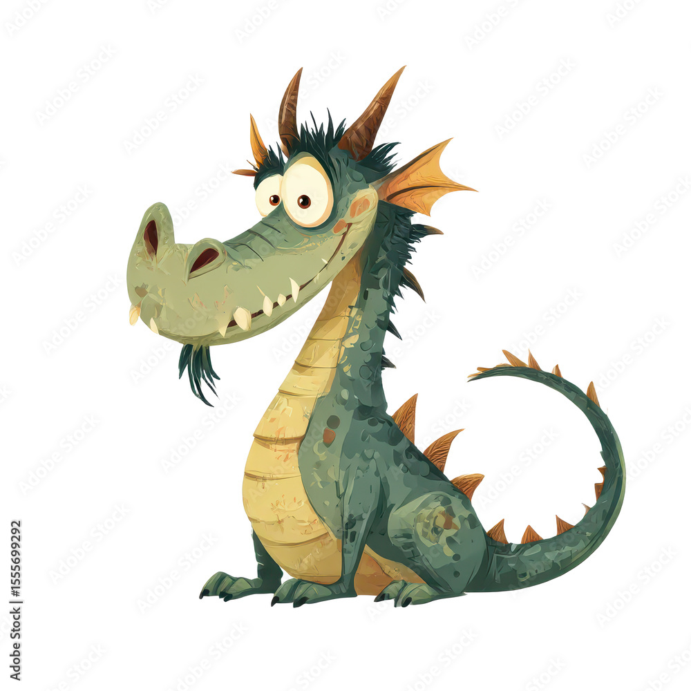 A Playful Cartoon Dragon Character with Bright Green Scales and Friendly Expression, Perfect for Children's Stories and Illustrations A Playful Cartoon Dragon Character with Bright Green Scales and Friendly Expression, Perfect for Children's Stories and Illustrations