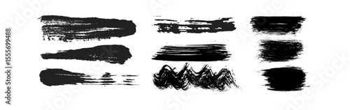 Straight line vector brush strokes. Black hand drawn stripes  smears. Chinese or Japanese calligraphy brushstrokes set. Rough grunge thick paint line texture. Vector sketch rectangle text boxes art