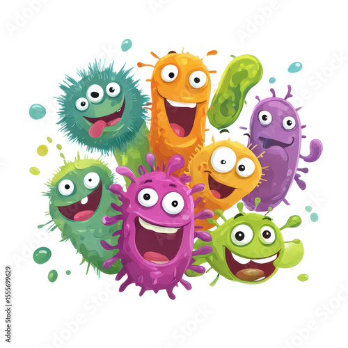 A Playful Collection of Colorful Microbes with Happy Expressions, Showcasing the Fun Side of Bacteria and the Importance of Microbial Diversity