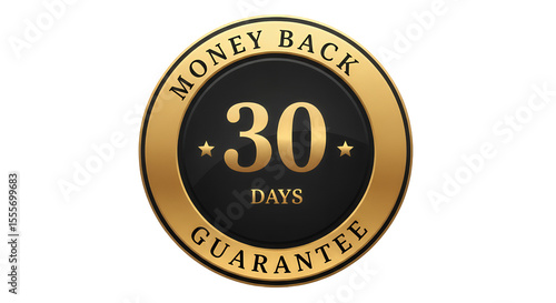 Golden 30Day Money Back Guarantee Badge with Stars and Black Center.