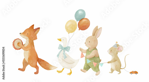 Watercolor parade of cute forest animals with balloons and instruments, perfect for nursery art, baby shower invitations, and kids' party decor. Adorable illustration