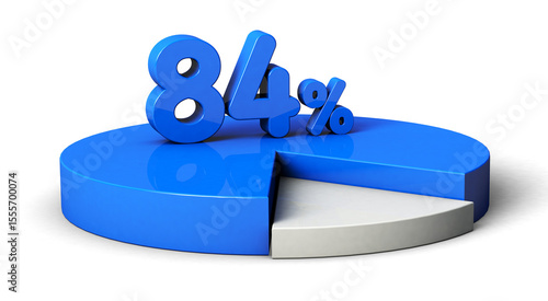 84% blue and white pie chart isolated on transparent background. 3d illustration.	