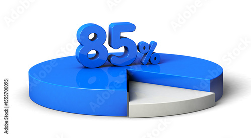 85% blue and white pie chart isolated on transparent background. 3d illustration.	