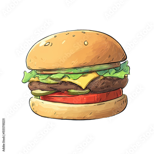 Deliciously Detailed Illustration of a Classic Cheeseburger with Fresh Ingredients, Including Lettuce, Tomato, and Juicy Patty Tucked Inside a Soft Bun