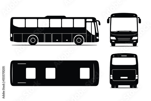 Black Coach Bus: Side, Front, and Top Views - Vector Graphic Illustration for Design Use
