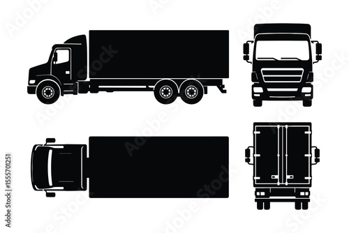 Black and White Truck Vehicle Silhouette Illustration: Front, Side and Top Views.