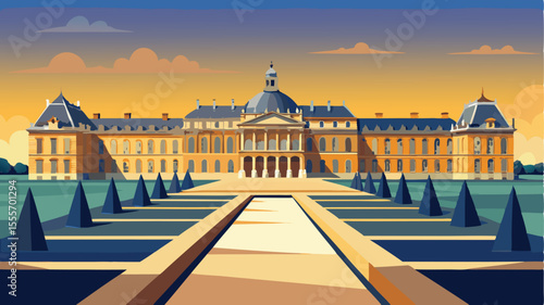 A large building with a courtyard and trees in the foreground landscape illustration