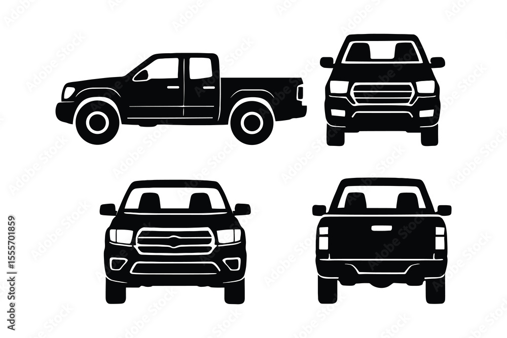 Detailed Vector Illustration: Black Pickup Truck in Four Different Perspectives Detailed Vector Illustration: Black Pickup Truck in Four Different Perspectives