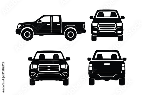 Detailed Vector Illustration: Black Pickup Truck in Four Different Perspectives
