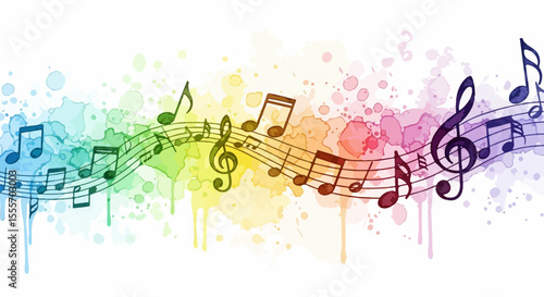 A colorful watercolor artwork featuring abstract music notes and flowing splashes in soft hues, expressing rhythm and creativity