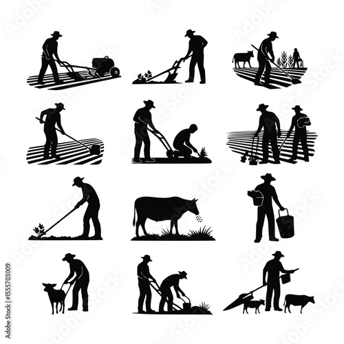 Set of Farmer Silhouette illustration Vector Black and White