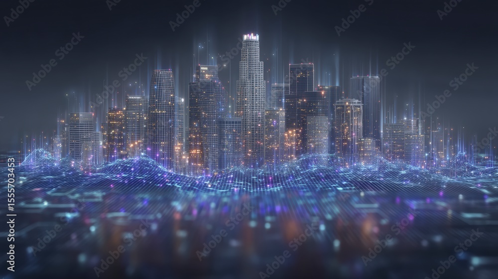 Obraz premium Futuristic Cityscape Digital Skyline Smart City Network Technology