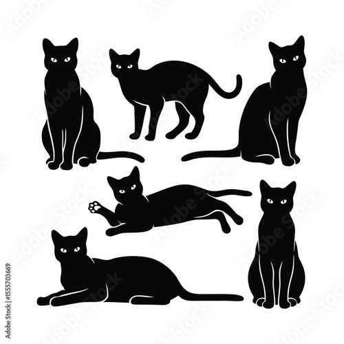 Six black cat silhouettes in various sitting and reclining poses.