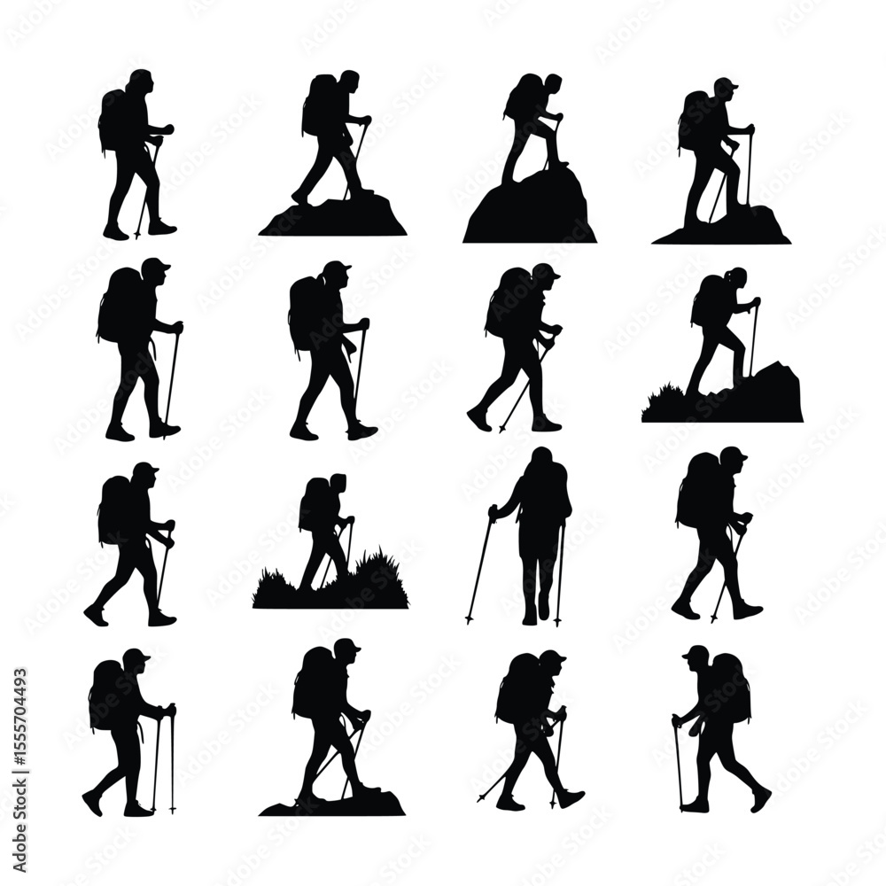Obraz premium Set of Hiking Silhouette Vector Black and white Illustration