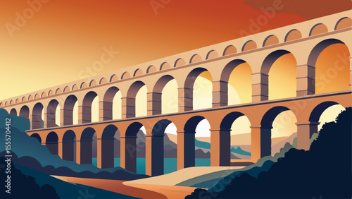 A long aqueduct with many arches over a river and vegetation landscape illustration