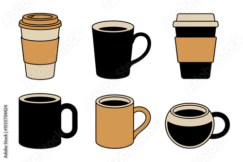 Isolated vector icon set of various coffee cups and mugs for cafe beverages