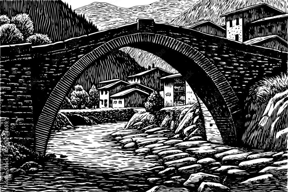 Fototapeta premium Stone bridge crossing a shallow river in a mountain village, a black and white sketch vector hand drawn