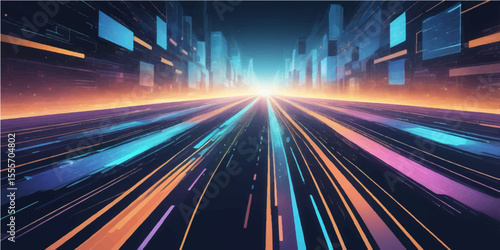 Abstract speed motion blur of night traffic on a highway creates a dynamic urban light streaks background