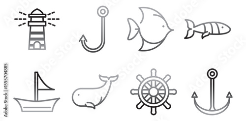 Nautical sea related design elements set. Graphics for patterns, prints, decoration needs. Vector illustration.