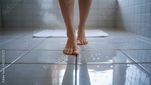 Bare feet on wet bathroom floor with steam and tiled background