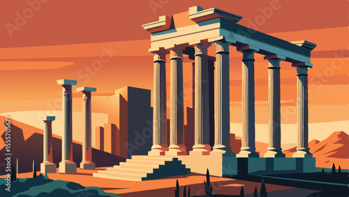 Architectural ruins with columns and steps against orange sky landscape illustration