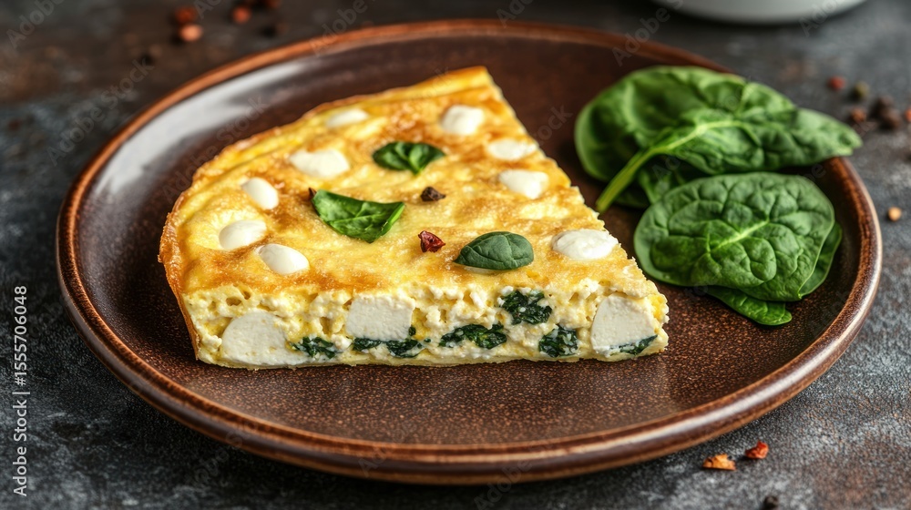 A slice of spinach and cheese frittata on a brown plate with spinach leaves as a garnish close up A slice of spinach and cheese frittata on a brown plate with spinach leaves as a garnish close up