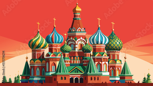 Saint basil's cathedral with colorful domes against red sky landscape illustration