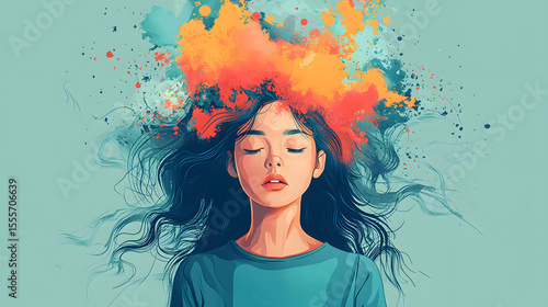 Illustration d 'une femme hyperactive avec pleins d'idées qui est peut-être TDAH ou HPI