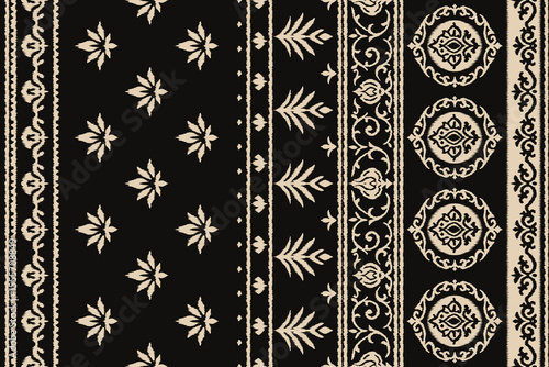 Traditional ethnic floral embroidery pattern with beige motifs on black background, inspired by Indian saree textile design, perfect for clothing, wrapping fabric, decoration and fashion artwork.