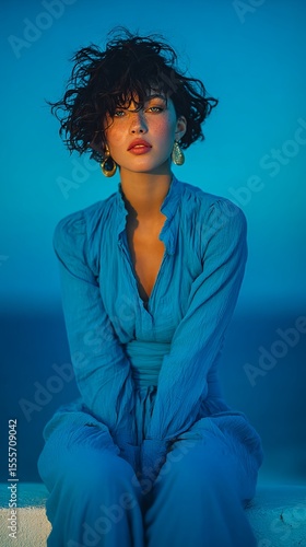 Fashion Photography.Captivating portrait of a woman in a flowing blue dress against a blue background, radiating peaceful beauty and artistic expression.