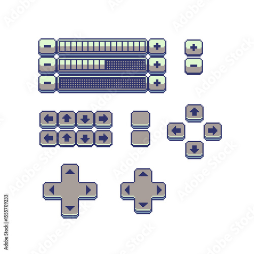 Set of pixel art interface elements in retro 8-bit style, including directional buttons, D-pads, sliders, and plus minus keys, video game HUD design, fantasy RPGs, retro-inspired projects.