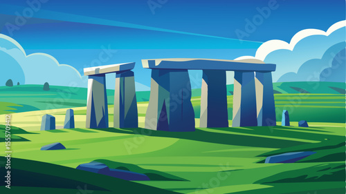 Stonehenge monument on a green field under a bright blue sky landscape illustration