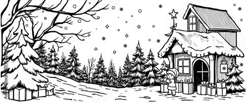cozy christmas winter scene coloring page