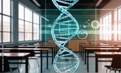 Glowing Cyan DNA Helix Over Modern Classroom