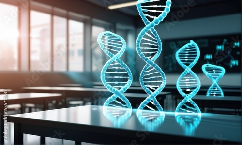Glowing Cyan DNA Strands on a Classroom Table