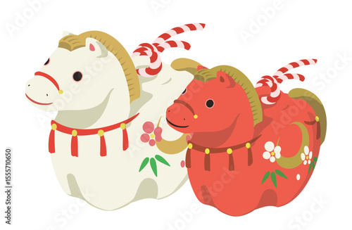 かわいい馬の土鈴のイラスト（紅白セット）