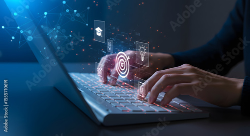 Hands are typing on a laptop keyboard, using online banking technology to communicate securely via email on the computer screen for business