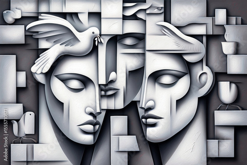 Minimalist Bas-Relief Loving Couple with Doves