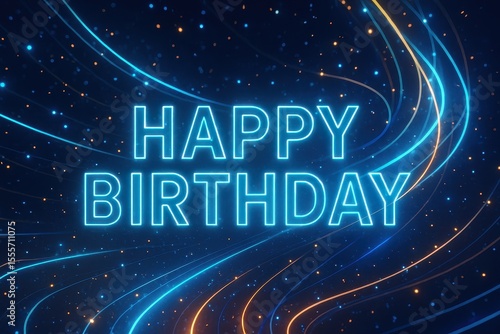 Futuristic birthday design with glowing text, neon Happy Birthday, vibrant glowing background