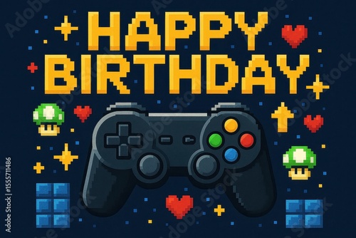 Gaming-themed birthday with colorful controllers, pixelated graphics, fun party theme